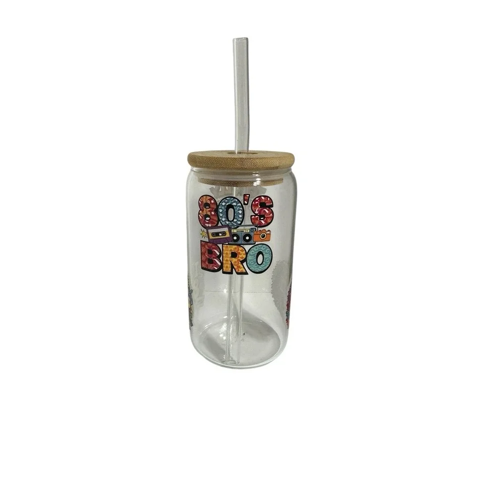NEW custom GLASS TUMBLER bamboo lid GLASS STRAW handmade 80s retro vintage